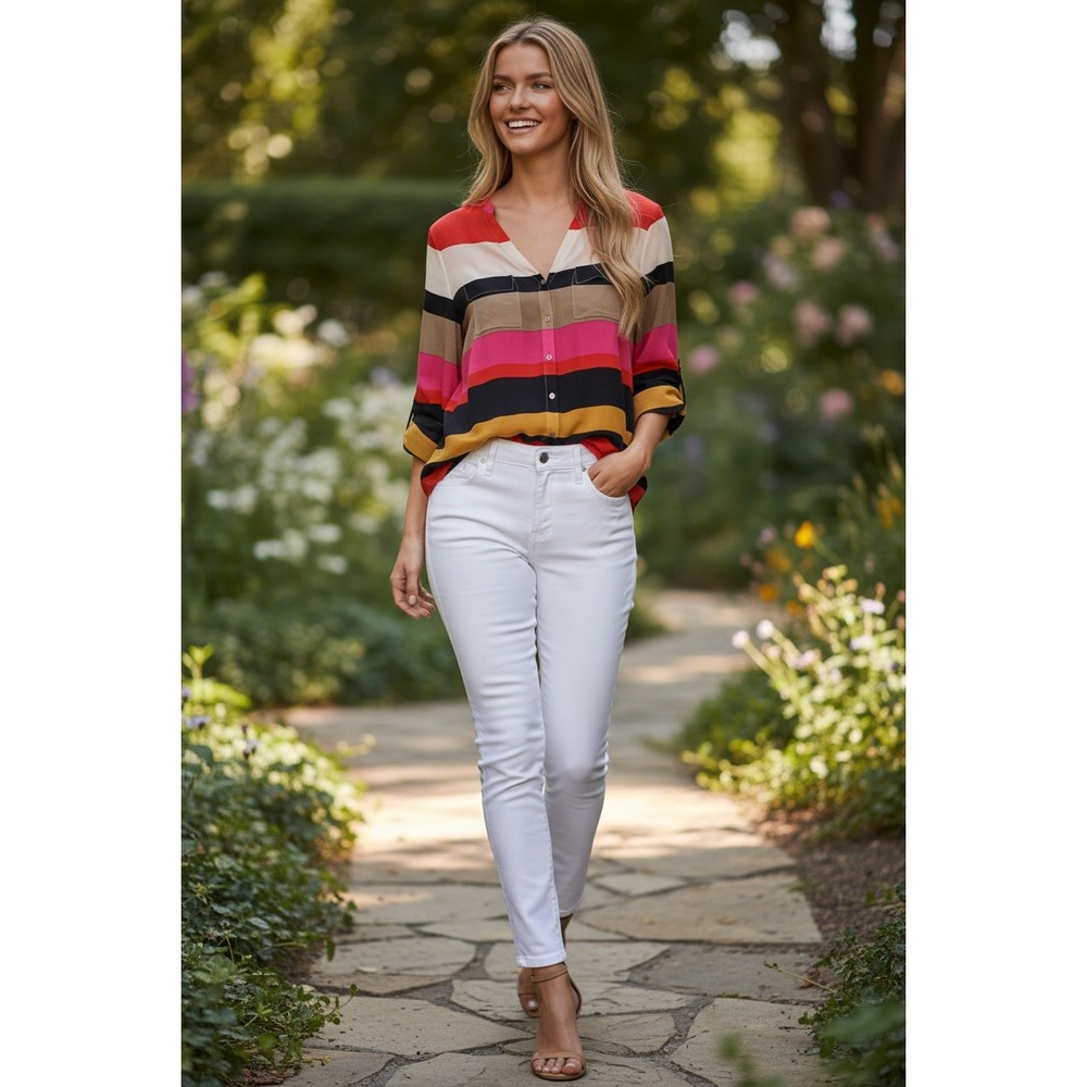 Maeve Anthropologie 100% Silk Striped Roll Tab Sleeve Blouse S NWOT $148